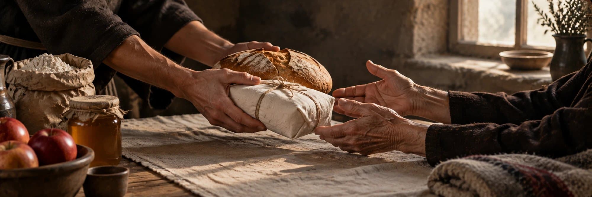 Illustration: younger hands passing a loaf of bread and a cloth-wrapped parcel to older hands across a wooden table