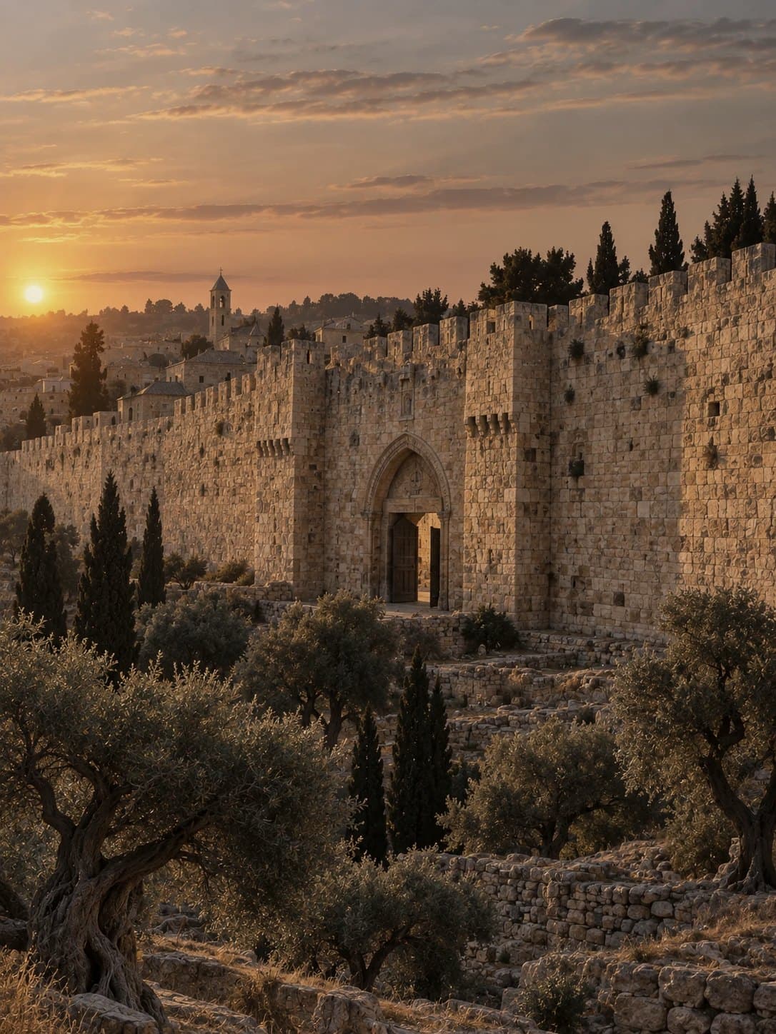 Ilustracija: zidine i kapija starog Jerusalima u zalazak sunca, sa maslinama i čempresima u prvom planu