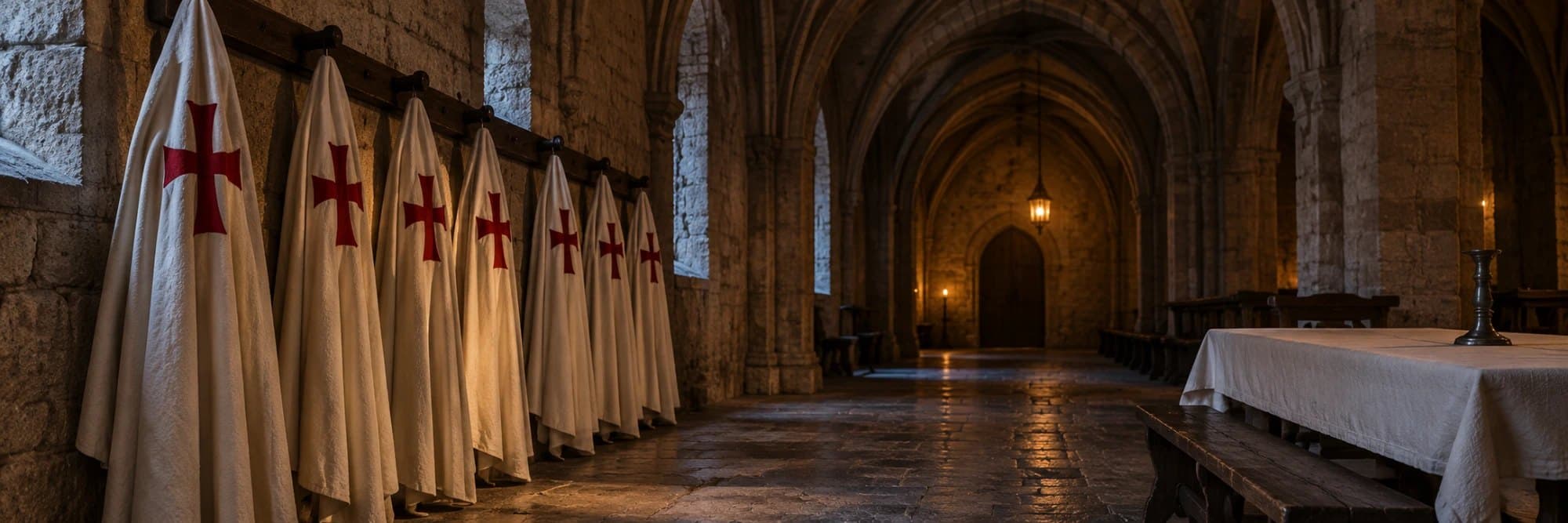 Illustration: white cloaks with a red cross hanging on the wall of a stone vaulted hall, with a long table under white linen