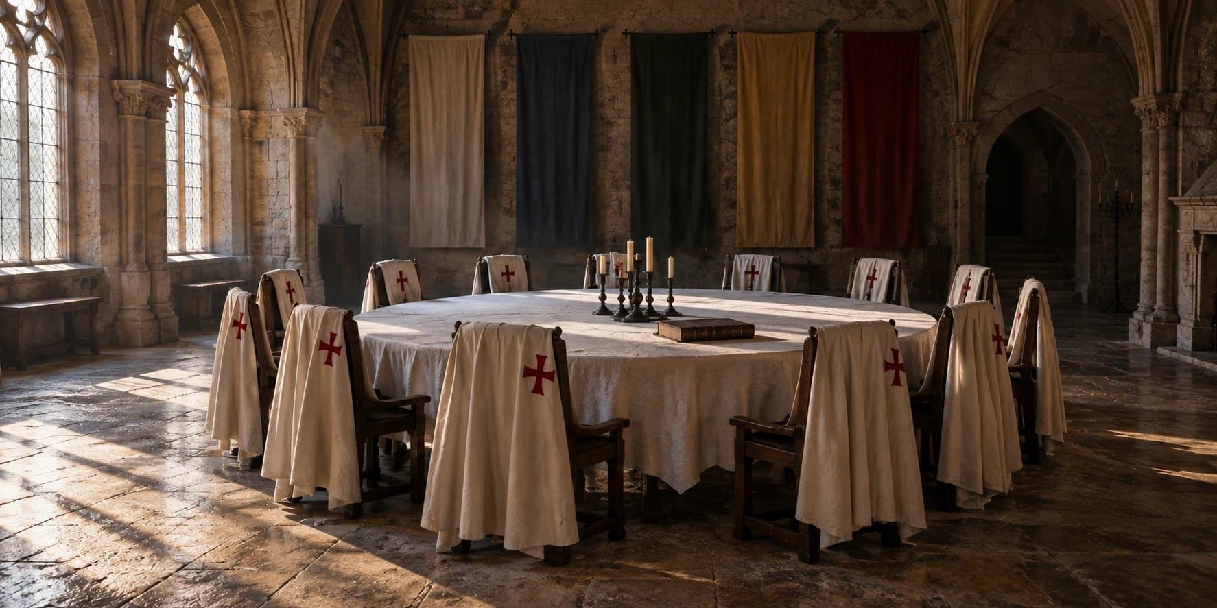 Illustration: a round table under white linen in a stone vaulted hall, empty chairs around it draped with white cloaks bearing a red cross, plain single-colour banners on the wall