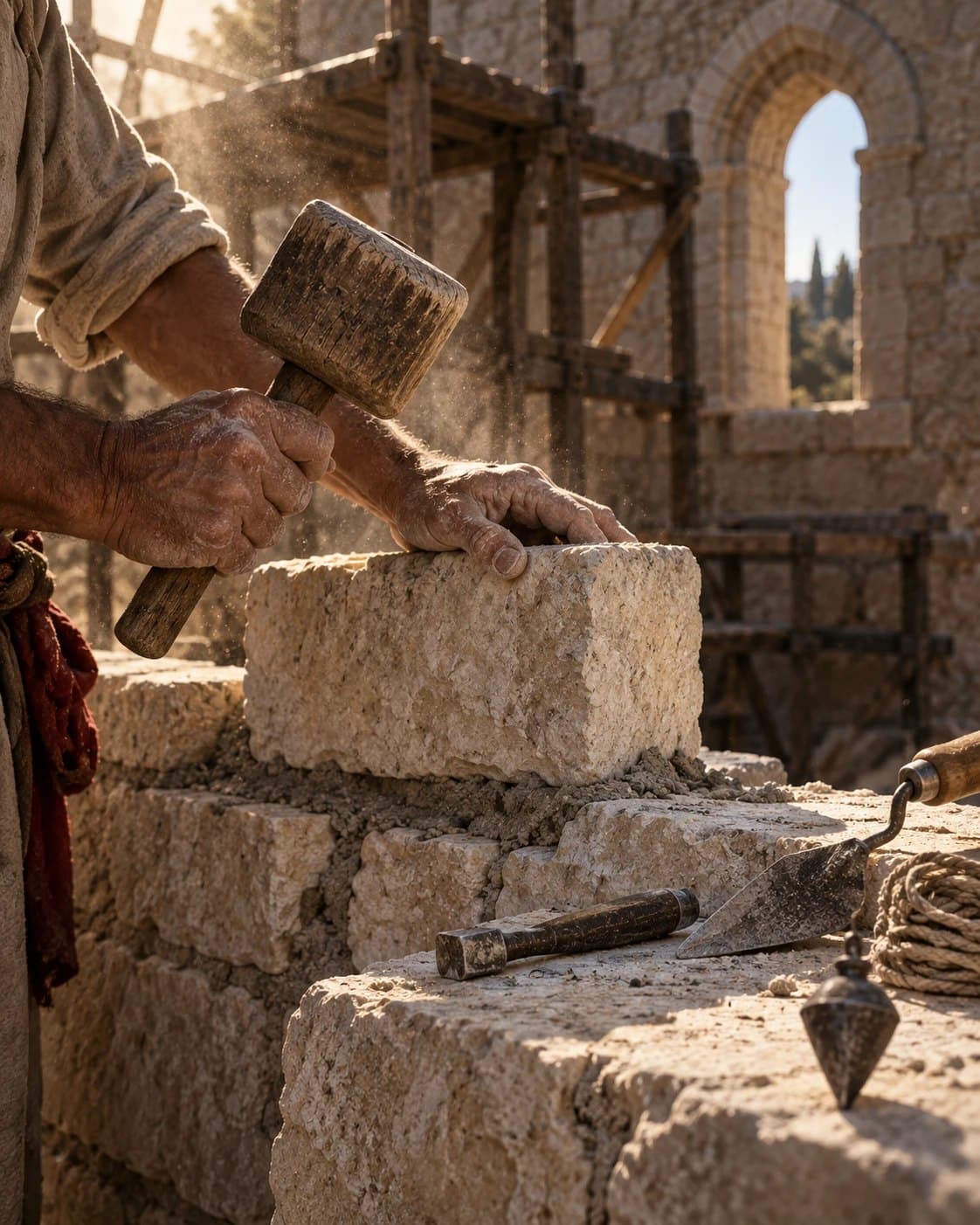 Illustration: a stonemason's hands setting a hewn stone into the wall of a chapel under construction, with mallet, chisel and scaffold